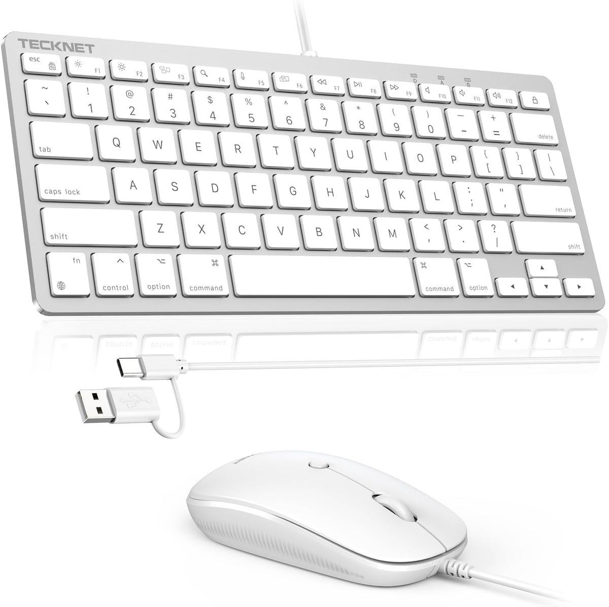 TECKNET USB Wired Keyboard and Mouse for Mac, USB-C/A, Quiet, Slim, White
