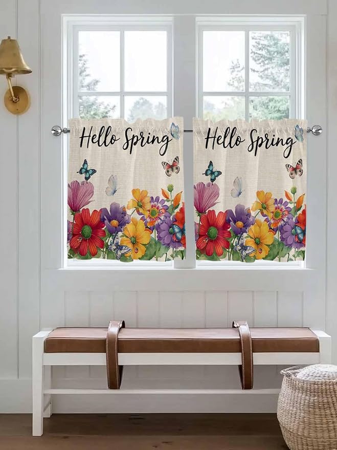Spring Flowers Half Window Curtains 24 Inches Long, Farmhouse Vintage Country