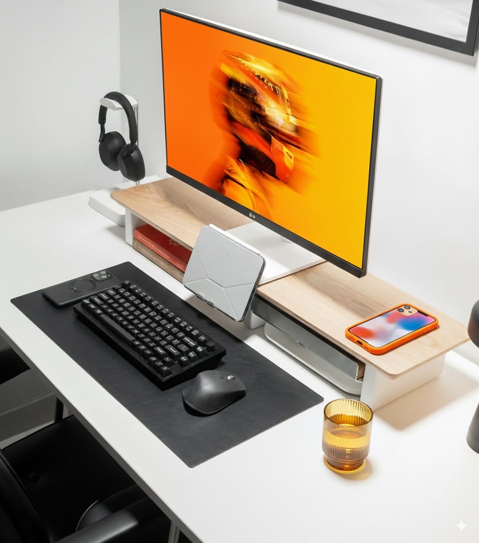 Raico Desk Cockpit Shelf Monitor Stand System Dual Screen Setup Wood Large Desk Accessory Organizer Unit (Oak, Medium v2 | 36 Inches)