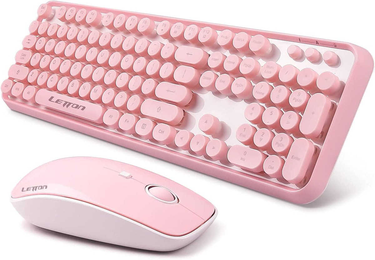 Pink Wireless Keyboard and Mouse Combo,Cute Typewriter Style,for Long Nails