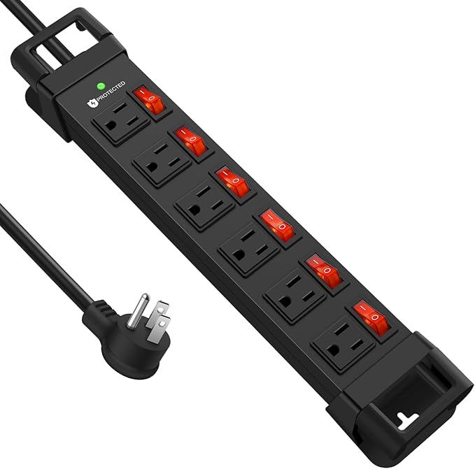 Heavy Duty Power Strip,6 Outlets Metal Power Strip with Individual Switch & Cord Management,Mountable Surge Protector 1200J,15FT Extension Cord(Black,15 FT)
