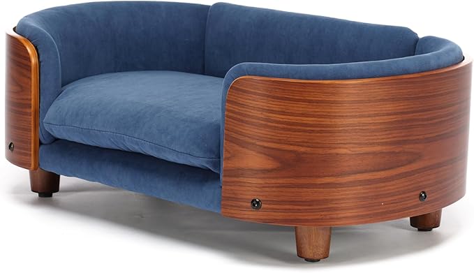 Scandinavian Style Elevated Dog Bed with Solid Wood Frame, Orthopedic Pet Sofa with Removable Washable Cover, Small Size Pet Furniture (Dark Blue + Brown)