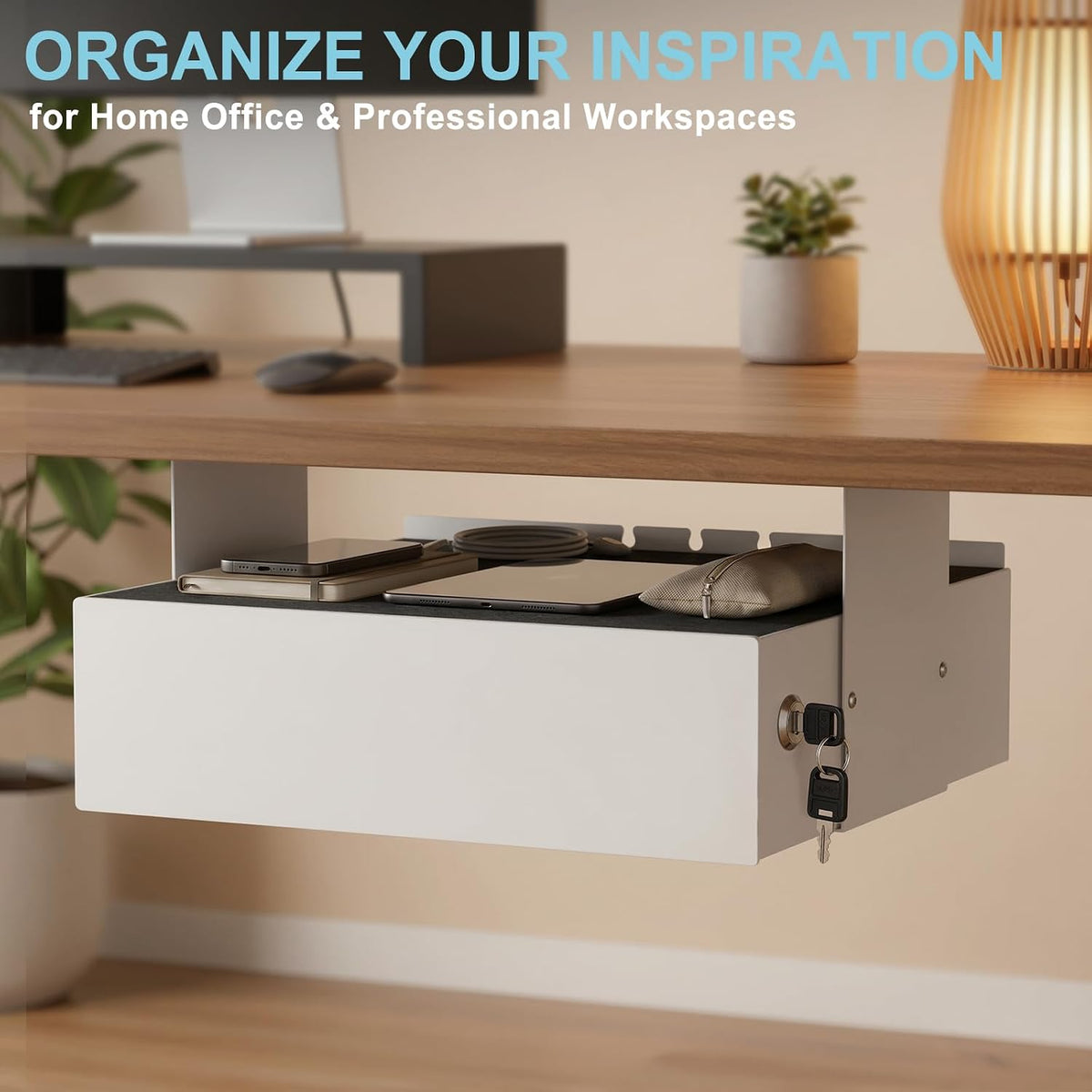 Under Desk Drawer with Lock, 13 Inch Slide-Out Metal Storage Drawer with Bracket, Drawer Organizer with Cable Management for Home Office & Standing Desk, White