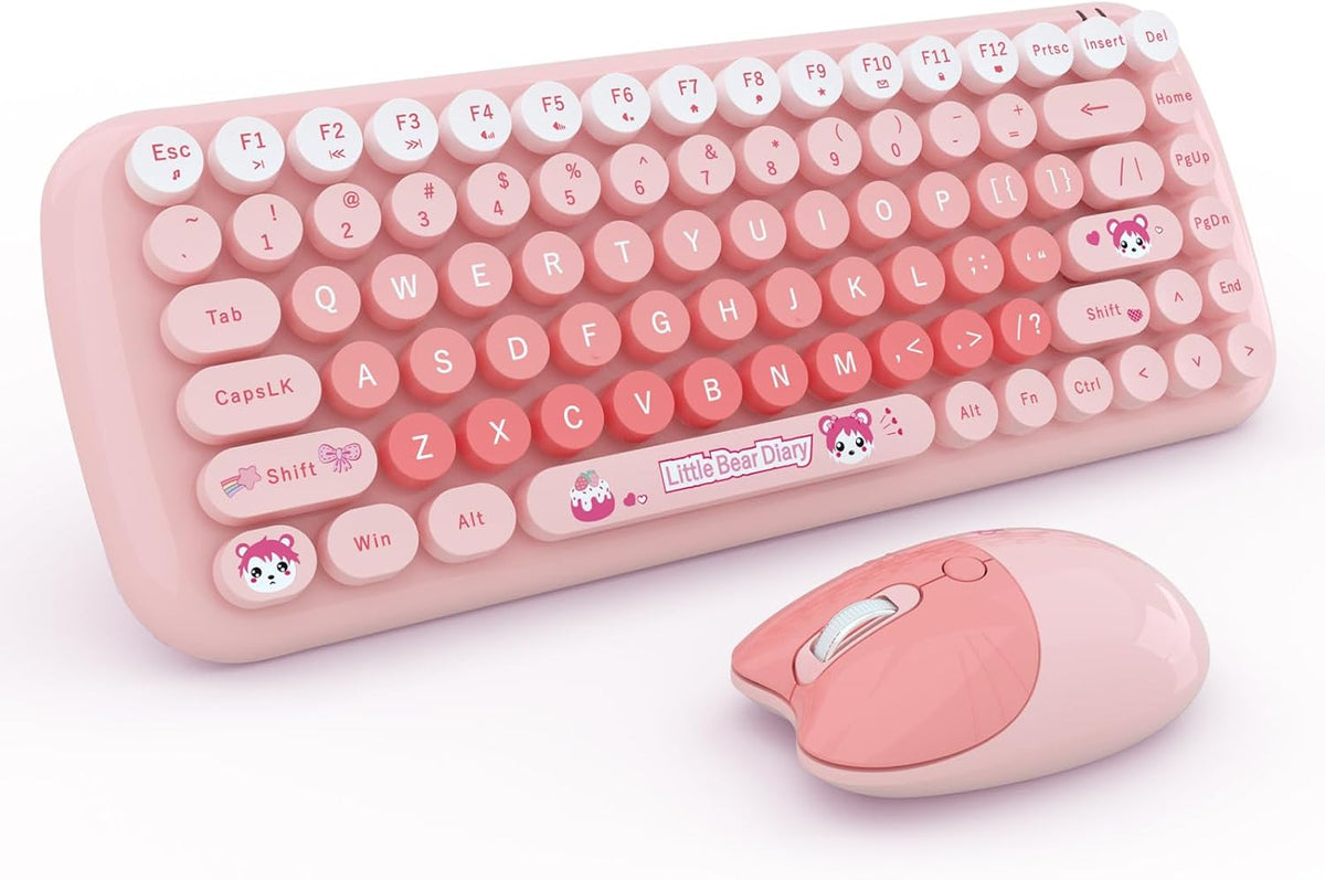 Candy Mini Wireless 2.4G USB Keyboard Mouse Set Round Keycap Multi-Colour Cute Lovely for Girls 84 Key (Multicolor Pink)…
