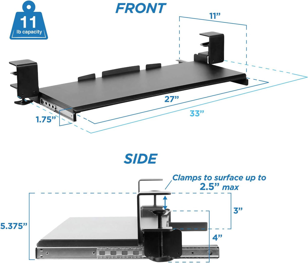 Mount-It! Clamp-On Under Desk Keyboard Tray, No-Drill, Fits Desks to 2.2 in