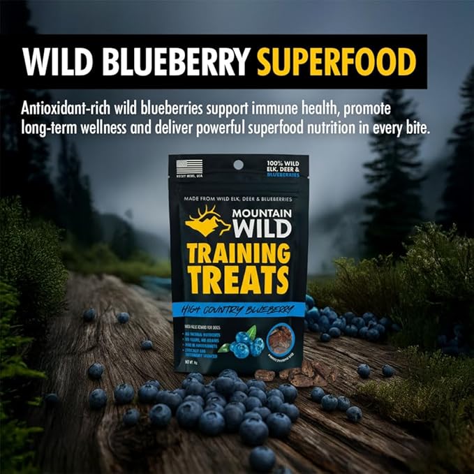 High Country Wild Blueberry Elk & Venison Training Dog Treats - Natural Grain-Free Puppy & Dog Snacks - Protein for Training & Reward - No Fillers, No Artificial Preservatives, 4oz 2 Packs