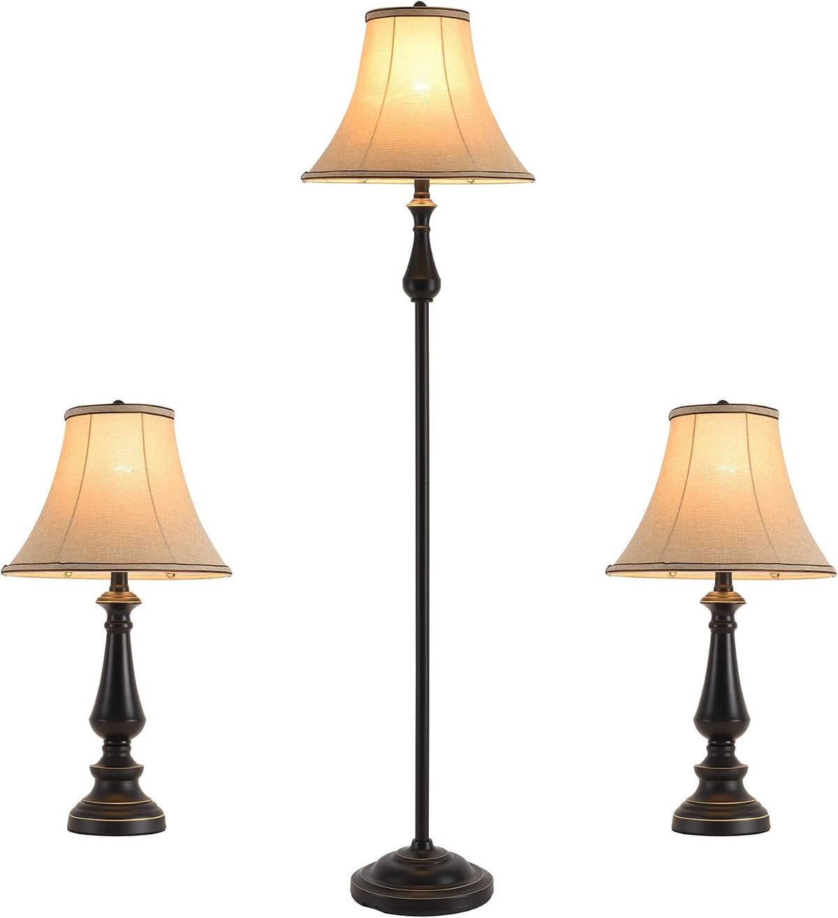 Vintage 3-Piece Table and Floor Lamp Sets with Brown Fabric Shades