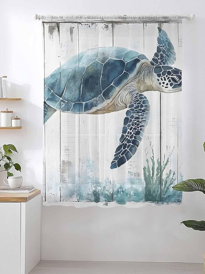 Sheer Curtains 72 Inches Long, Sea Turtle Teal Blue Semi Sheer Curtains Light