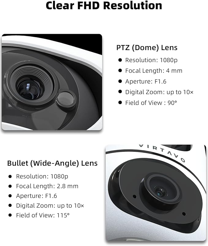 VIRTAVO XD1 Indoor Pet & Baby Camera, No Subscription Required, Dual-Lens 360° PTZ, Motion Tracking, 2-Way Audio, Night Vision, Cloud/SD Storage, Phone App, WiFi, 2-Pack,Power Adapter Included
