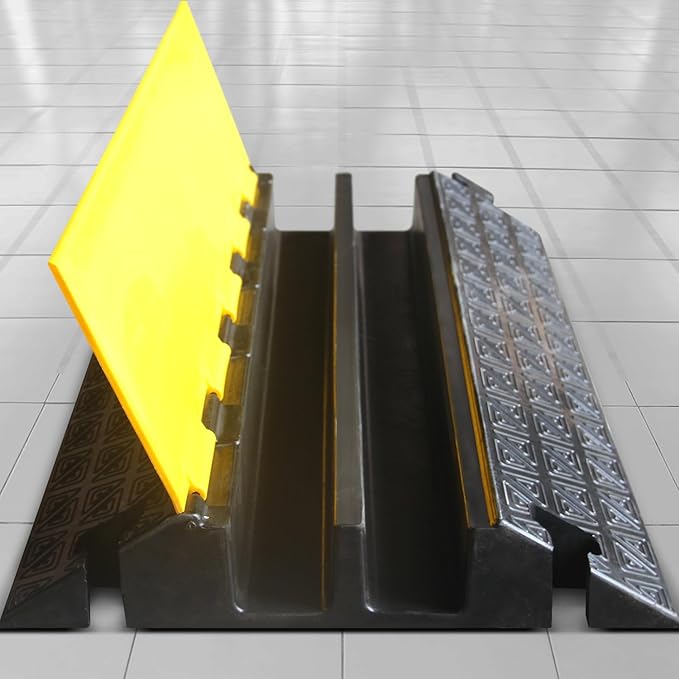 Large 2-Channel Rubber Floor Cable Protector Ramp, Heavy-Duty Floor Cable Wire Cord Cover Speed Bumps, Driveway Hose Cable Ramp Protective Cover (2 Large Channels)