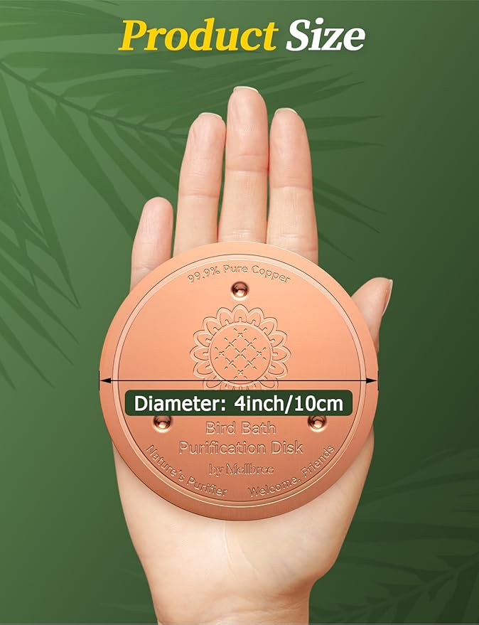 Mellbree 4-Pack Bird Bath Copper Disk, 0.6mm Reinforced 99.99% Pure Copper Cleaning Disk with Triple-Point Support for Physical Safe Clean Water All-Season (Sunflower)