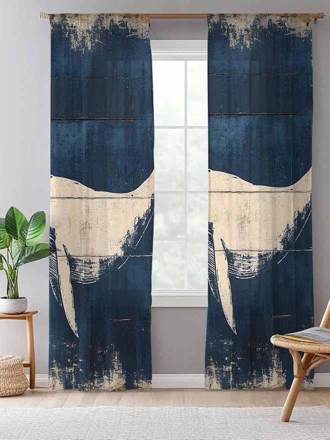 Sheer Curtains 108 Inches Long, Ocean Whale Blue Semi Sheer Curtains Light