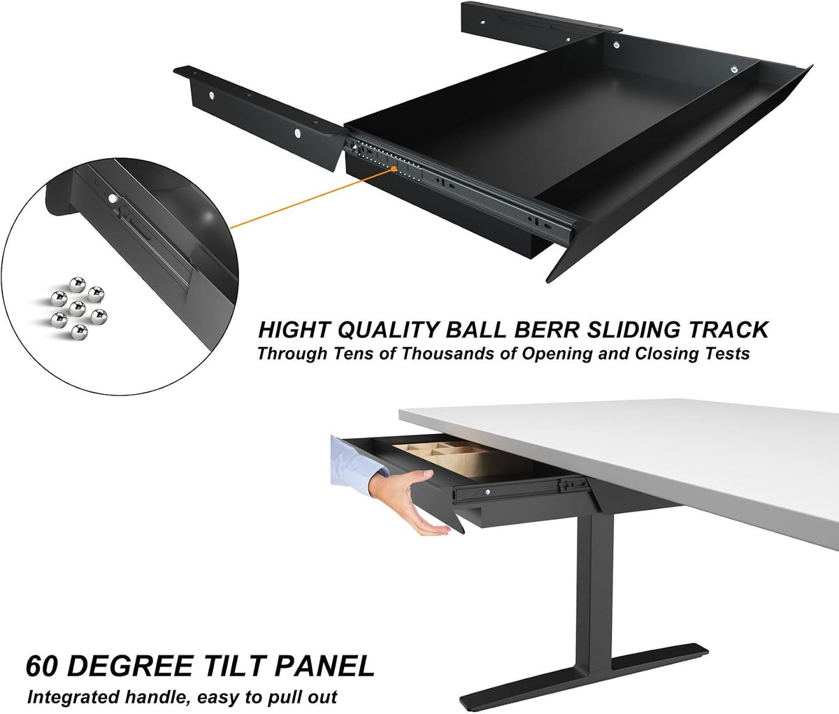 Large Under Desk Mounted Sliding Drawer with Bamboo Tray and 60 Degree Tilt Panel to Pull Out, 22'' Long & 13'' deep Large Storage Organizer for Sit Stand Workstation