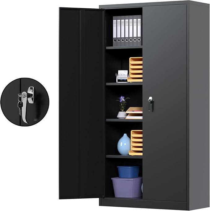 Black Metal Storage Cabinet with Door, Locking Steel Cabinet with 4 Adjuestable Shelves, Tall Lockable Garage Tool Storage Cabinet for Home, Office, Pantry, Assembly Required