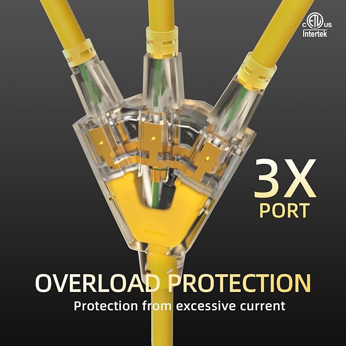 12FT 12 Gauge Heavy Duty Outdoor Extension Cord Waterproof with 3 Outlets & Lighted End, SJTW 15A 1875W 3-Prong Yellow Flexible Power Cord for Indoor Outside Decorations Garage, Garden, ETL