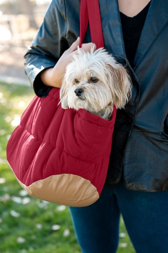 Plush Dog Purse Carrier for Small Dogs, Soft Dog Tote Bag with Safety Harness Clip, Cozy Pet Carrier for Dogs Under 15 lbs, Comfortable Dog Shoulder Carrier for Travel, Red
