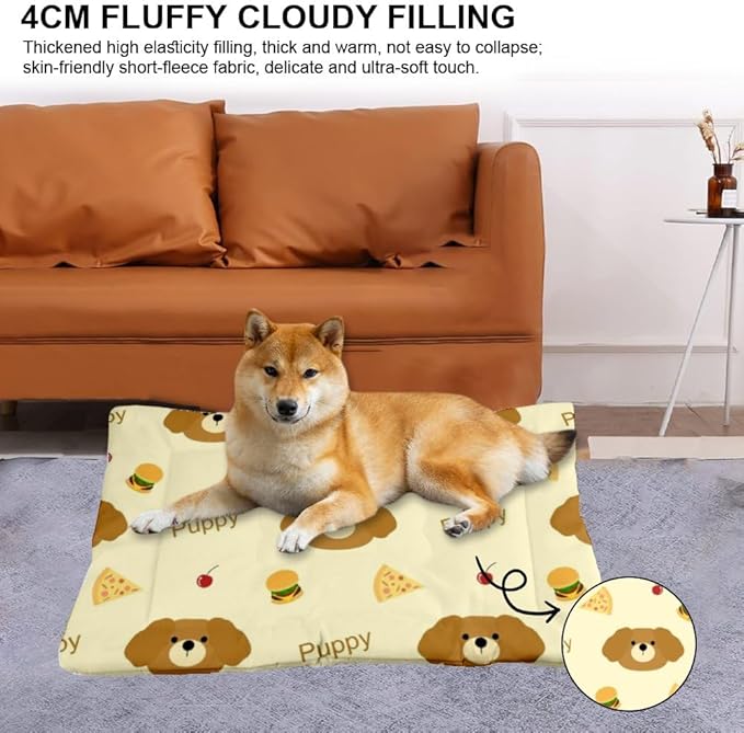 Cute Brown Puppy with Food Dog Beds and Furniture Dog Floor Mat Pad Bed Beds for Crates Washable Non-Slip Bed for Crate Washable Crate Mats Crates Kennel Pillow Indoor Outdoor 24X18 Inch