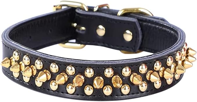 Spiked Studded Dog Collar, Genuine Leather Dog Collar, Adjustable Pet Collars for Medium Large Bulldog Pitbull Mastiff Poodle Boxer (S:27-33cm, Black)