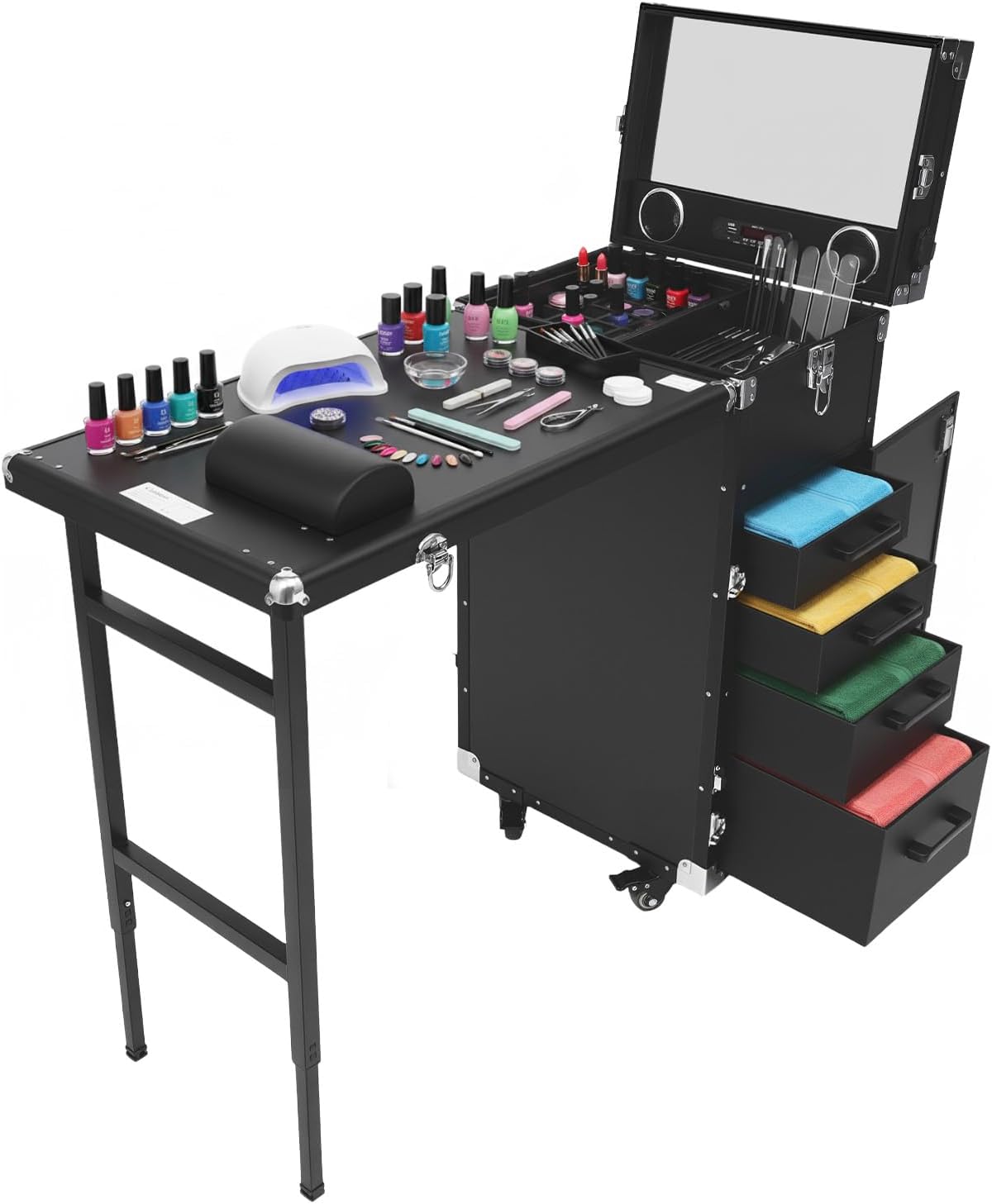 Manicure Table for Nail Technicians, Nail Table Mobile Station Rolling Makeup Travel Case, Foldable Nail Table with Speakers, Travel Cosmetic Trolley Storage Organizer Portable Nail Desk