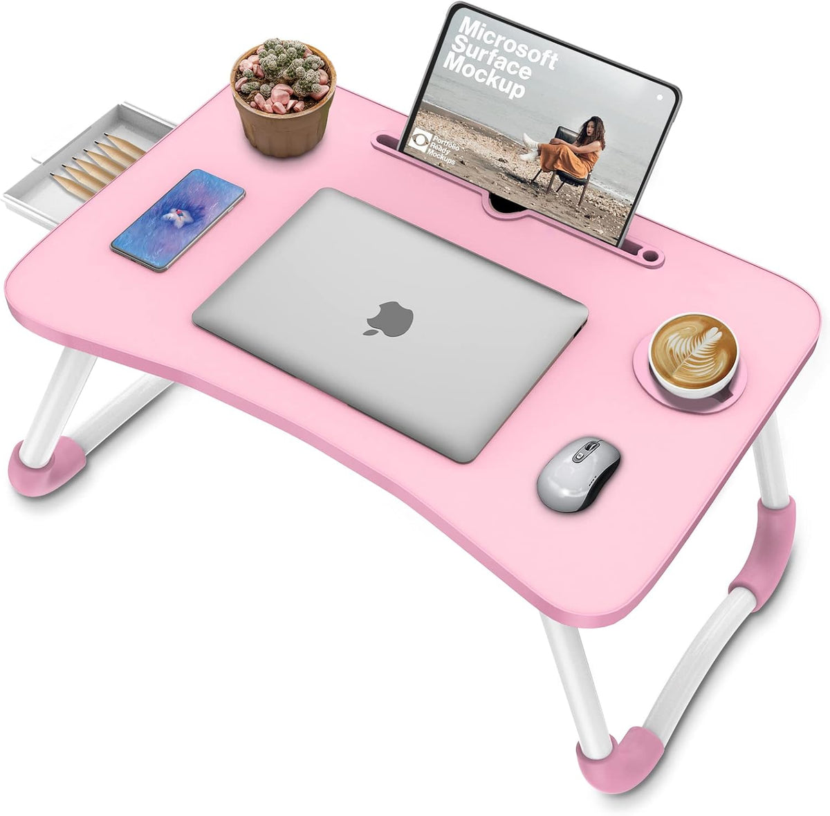 Zapuno Multi-Function Laptop Bed Table with Storage Drawer and Cup Holder, Lap Desk Stand Tray for Eating, Reading and Working
