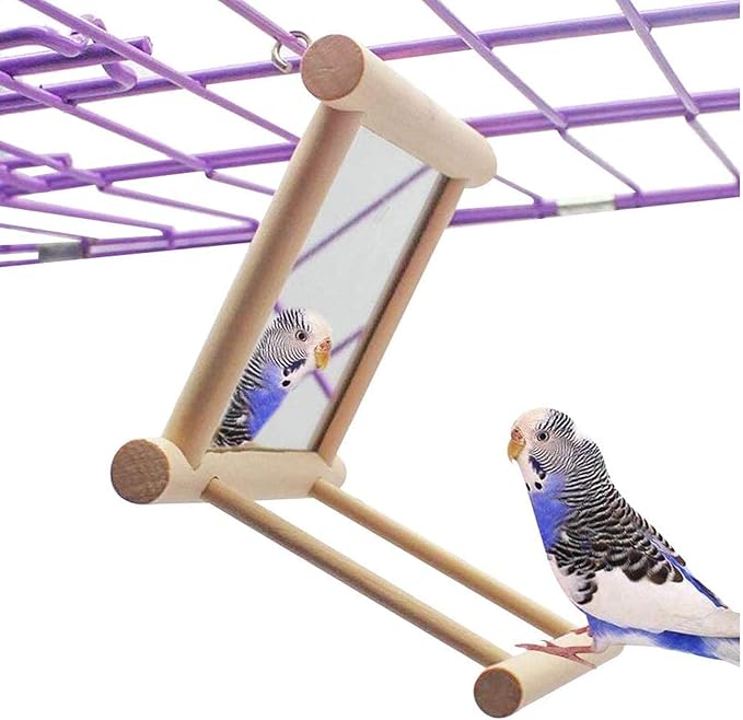 Bird Mirror Parakeet Mirror Perch Stand Wooden Swing Mirror Toy Cage Accessories for Parrots Budgies Parakeets Cockatiels Lovebirds Finches