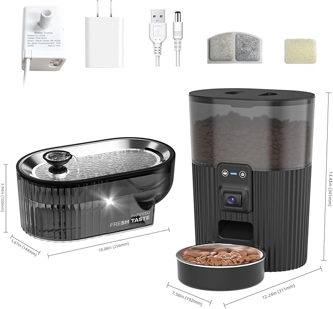 PAPIFEED Automatic Cat Feeder with Camera with 84 oz/2.5L Automatic Pet Drinking Fountain，‌Adjustable Angle 2.4G WiFi/App Pet Food Dispenser，3.5L/15 Cup Timed Dispenser with Two-Way Audio