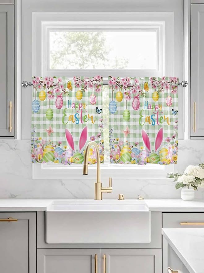 Happy Easter Half Window Curtain 36 Inches Long, Spring Bunny Eggs Flower Sage