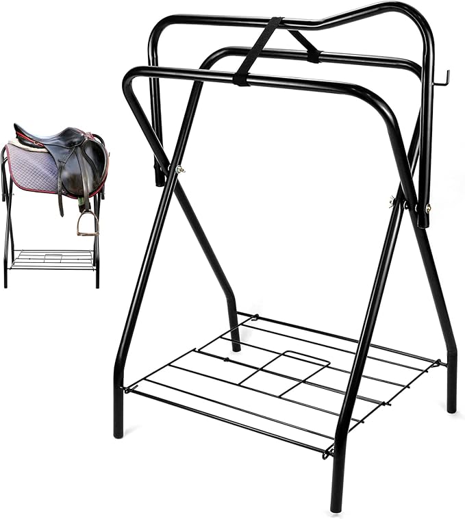 QWORK Freestanding Portable Saddle Rack, Powder Coated Frame Standing Holder, Saddle Strong Tubular Steel 24" L x 19" W x 35" H