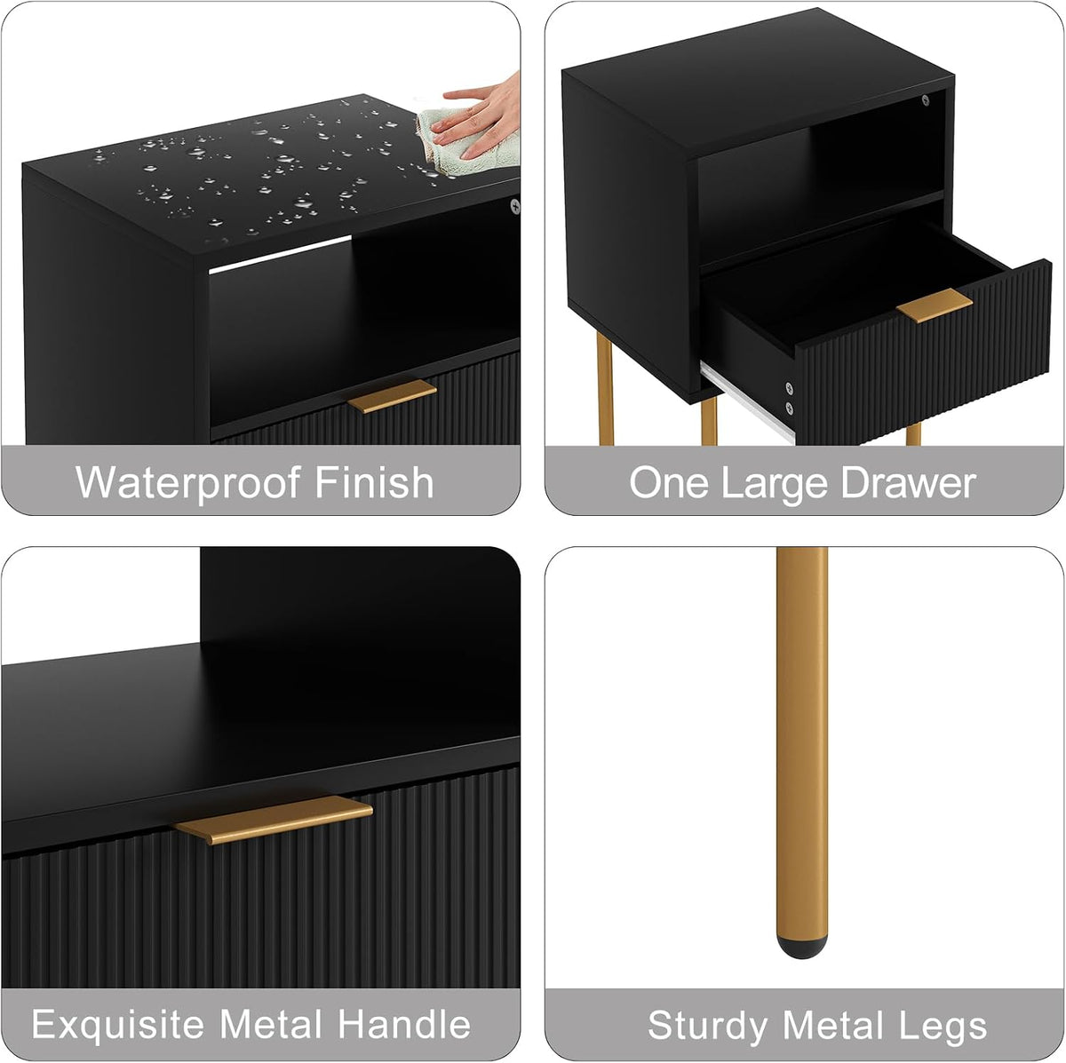 Nightstand,Morden Bedside Table with Gold Frame,Small Black Night Stand,End Table,Bedside Furniture,Side Table with Drawer and Shelf for Bedroom,Living Room (1Drawer, Black)