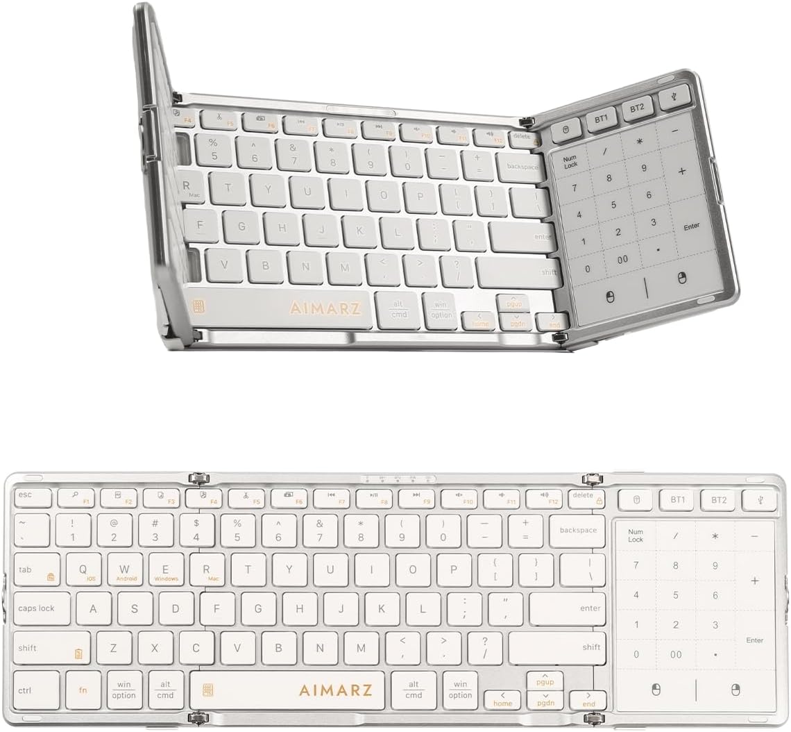 AIMARZ AF01 Foldable Keyboard, Full-Size Keys, Touchpad/Number Pad, White