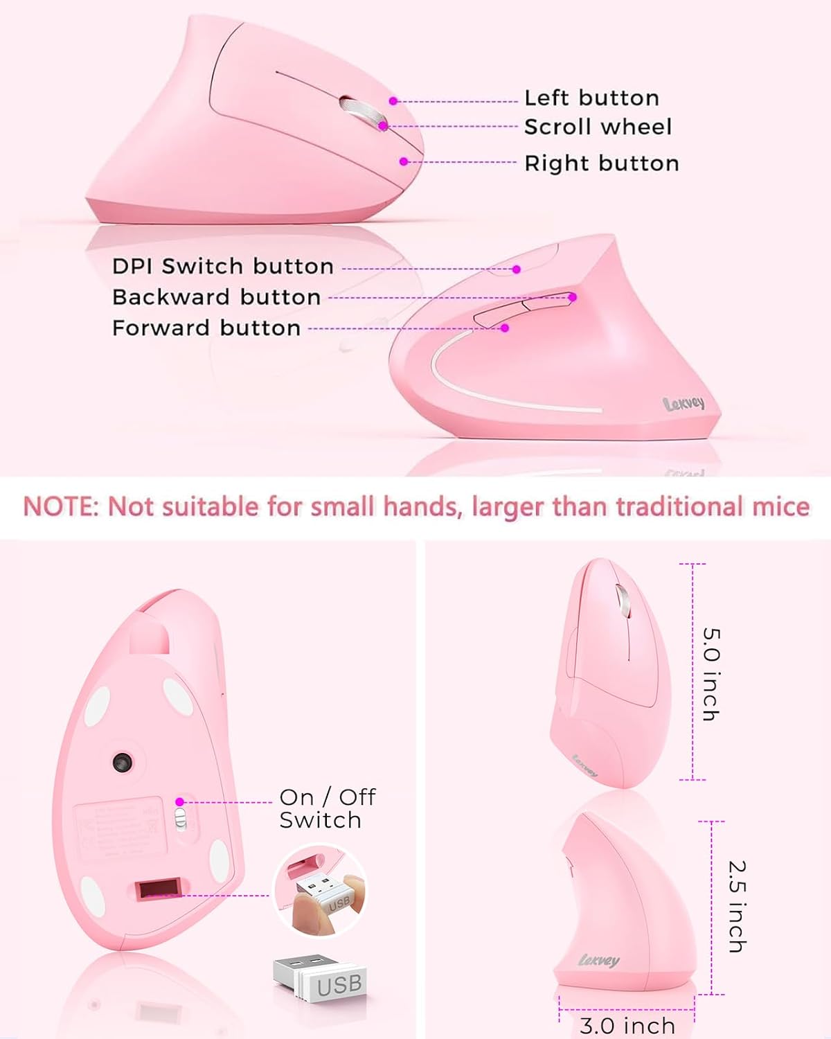 Lekvey Ergonomic Mouse, Rechargeable Vertical Wireless Mouse, Pink