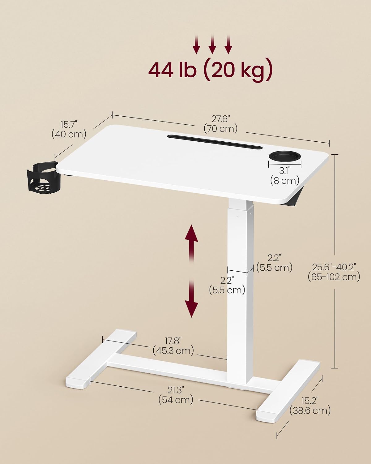 VASAGLE Overbed Table with Wheels, Mobile Laptop Standing Desk, 27.6 Inch