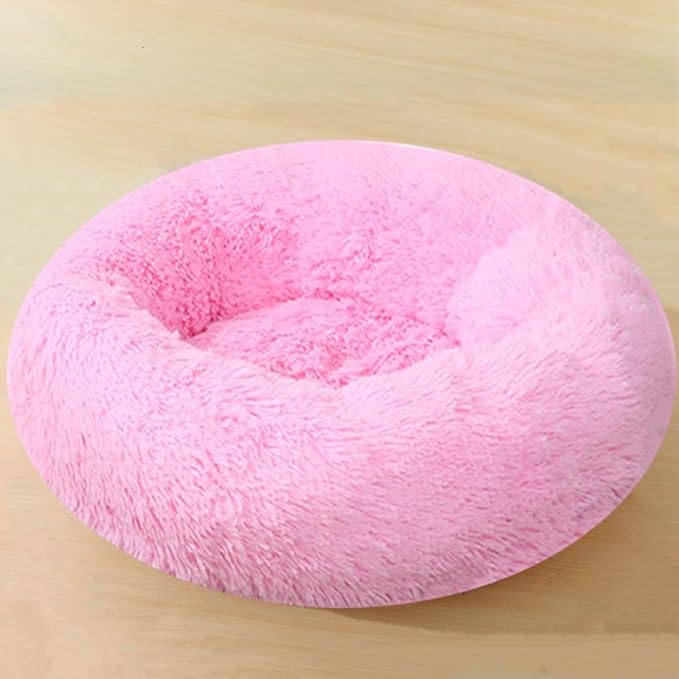 Large Calming Dog Bed, 40 Inch Anti-Anxiety Donut Dog Cuddler Cat Bed, Warming Cozy Soft Dogs Round Bed, Fluffy Faux Fur Machine Washable Pet Cushion for Medium Large Dogs & Cats (Bright Pink)
