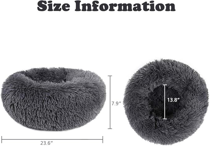 otoez Round Donut Dog Bed for Small Dogs, Washable Cat Calming Bed Cuddler Anti Anxiety Fluffy Plush Dog Cat Bed with Non-Slip Waterproof Bottom (23.6", Dark Grey)