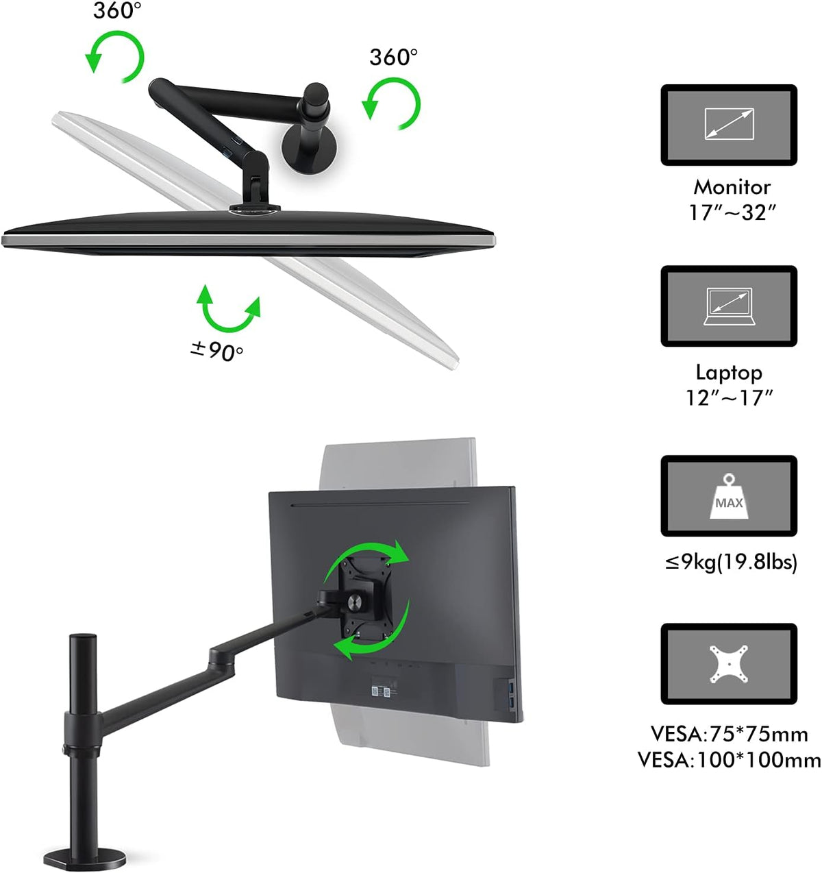 Viozon Laptop/Notebook/Projector Mount Stand, Height Adjustable Single Arm Mount Support 12-17 inch Laptop/Notebook/Tablet, Free Removable VESA 75X75 and 100X100 for Monitor 17-32 inch.