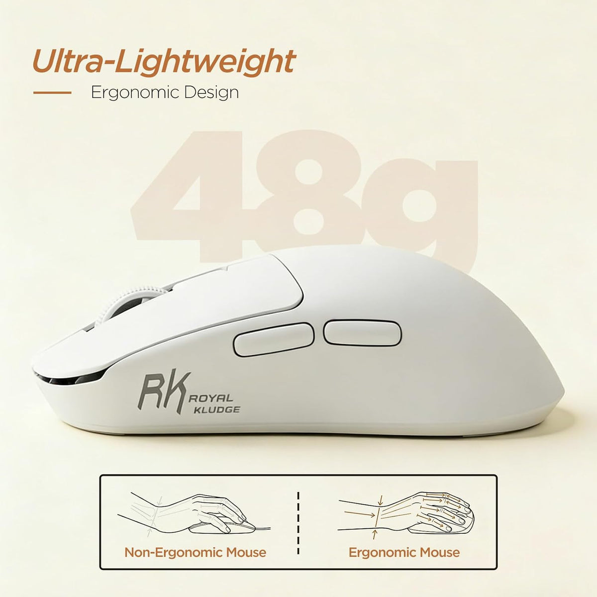 RK ROYAL KLUDGE MO3 Wireless Gaming Mouse, 48g Lightweight PC Mice, White