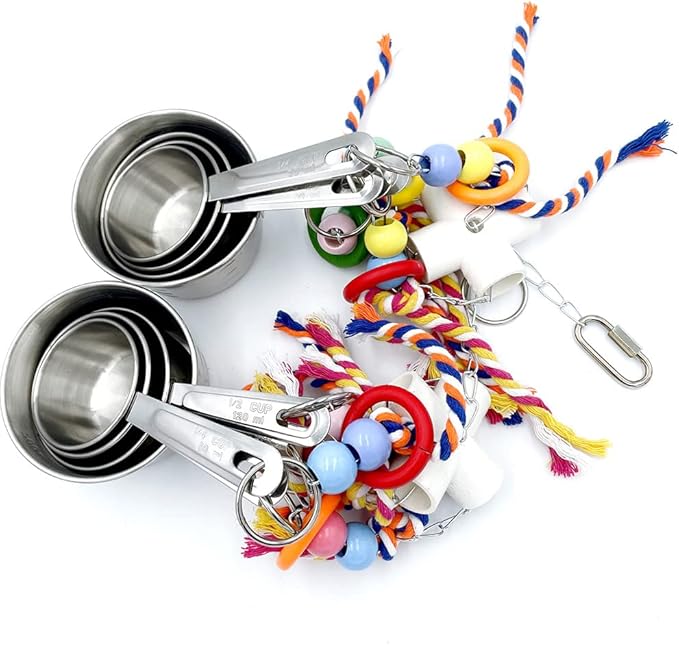 New Upgraded Metallic Pots and Multicolored Ring Toys, Pullable 8 Stainless Steel Cups and 8 Wooden Ring Toys for Large and Extra Large Parrot Amazons Macaws African Greys Cockatoos Eclectus