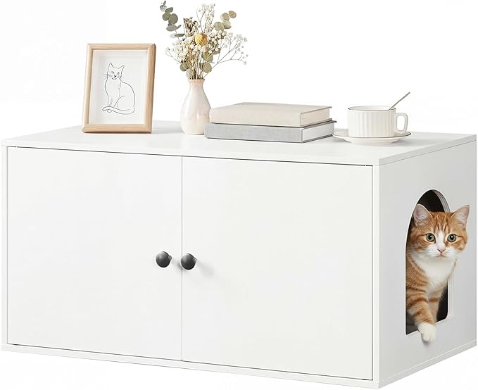 HOOBRO Cat Litter Box Enclosure, Hidden Litter Box Furniture with Side Entry, Litter Box Cabinet, Indoor Cat House, End Side Table, 31.5"L x 17.7"W x 16.3"H, for Living Room, Bathroom, White WT40MW01