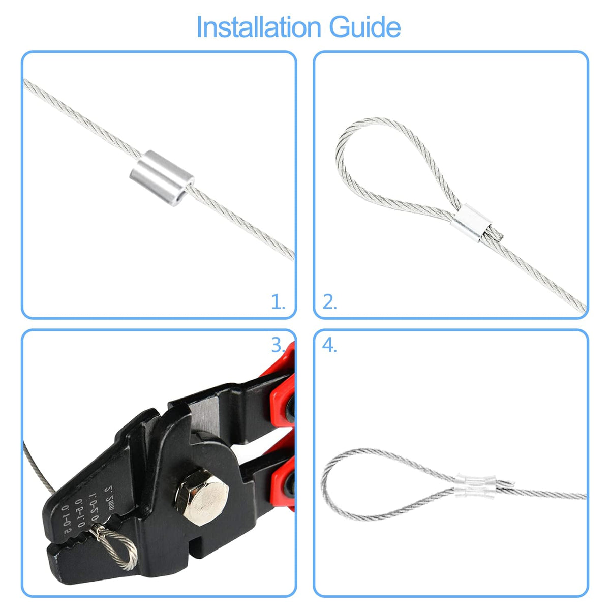 Wire Rope Crimping Tool Kit, with 1/16-304 Stainless Steel Cable 165 ft (7x7 Strand Core), 100 Cable Ferrule Aluminum Loop Sleeve Stops (165ft Rope 100 Loop, Red, 1)