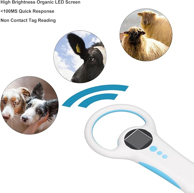 Pet Microchip Reader with Dual Frequency 134.2KHZ / 125KHZ, 100ms Recognition, 500 Record Storage, Handheld Pet ID Scanner for Animal Management