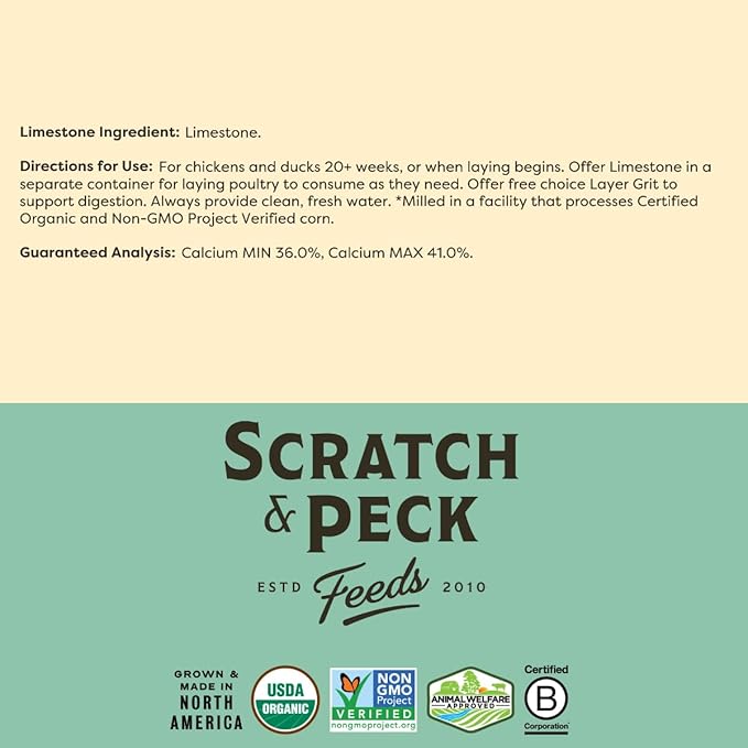 Scratch and Peck Limestone Supplement for Chickens and Ducks - High in Calcium, Made from Pure and Sustainably Sourced Limestone - 8 lbs Bag