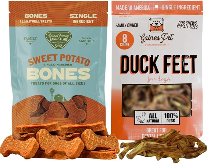 Gaines Family Farmstead Duck Feet & Sweet Potato Dog Treats Bundle – 8 ct Natural Duck Feet + 8 oz Sweet Potato Bones, Grain-Free, Single Ingredient Chews, Healthy Dog Snacks, Made in USA