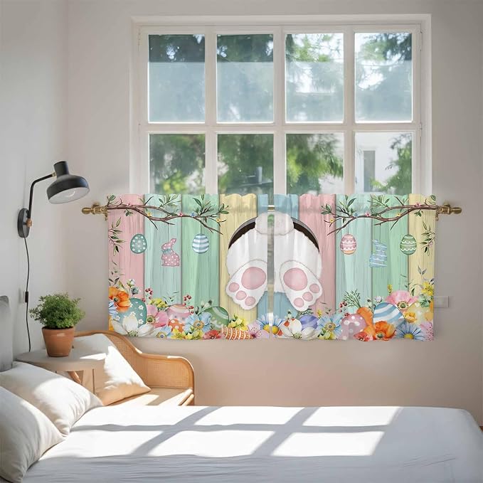 Easter Kitchen Tier Curtains 36 Inch Long 2 Panel Set, Rod Pocket Half Window