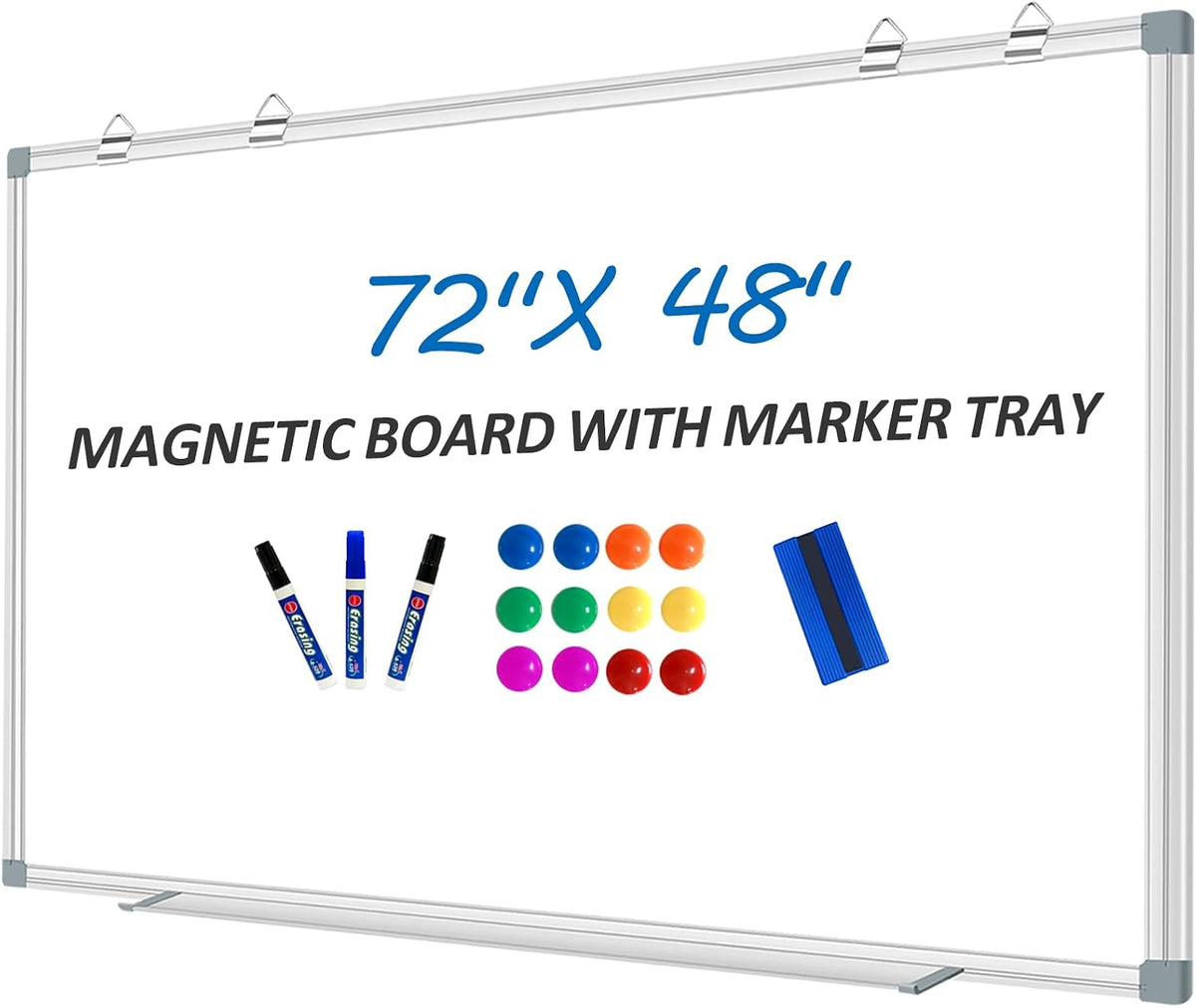 Max-officoo White Board Dry Erase Whiteboard for Wall 72" x 48" Aluminum Presentation Magnetic Whiteboards with 4 Hooks, 12 Magnets, 3 Markers & 1 Eraser