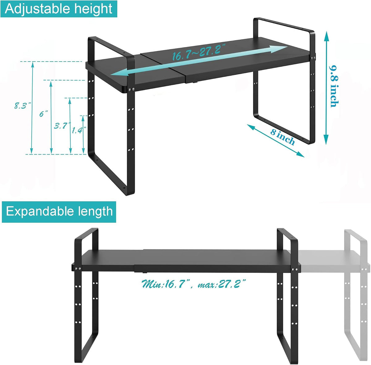 iPEGTOP Expandable Cabinet Storage Shelf Organizer Rack, Heavy Duty Cupboard Stand Spice Rack Adjustable Height Pantry Garage Shelf Space Riser for Counter Kitchen Organization, Black, 1 Pack