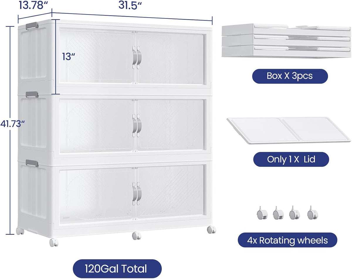 120GAL/480QT Plastic Storage Bins with Lids & Wheels, Collapsible Stackable Storage Boxes, Large Folding Cabinet Organizers for Closet Home Kitchen Office, 3Pack White
