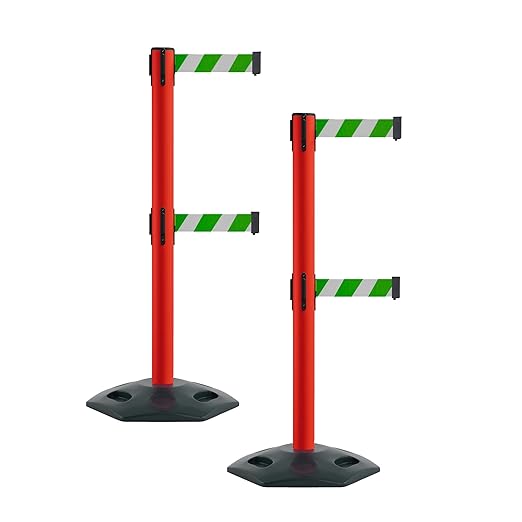 Montour Line MSR630D Set of 2 Retractable Belt Barrier Stanchion, Heavy-Duty Rubber Base, Red Post (9 ft Green and White Diagonal Dual Belt)