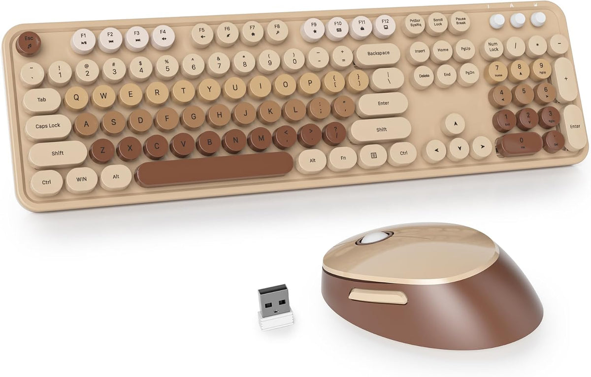 Brown Wireless Keyboard and Mouse, Cute Keyboard and Mouse Combo, Full Size Typewriter Keyboards with Number Pad, Colorful Key Board for Pc Laptop
