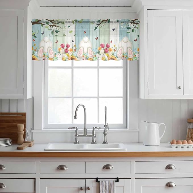 Easter Sheer Valances for Windows 42"x18", Light Filtering Kitchen Curtains