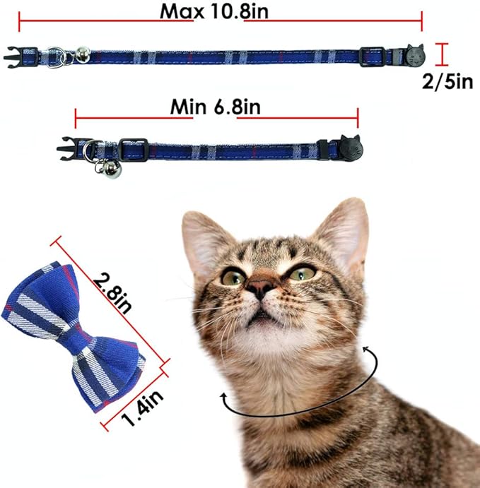 Cat Collar Breakaway with Bell and Bow Tie, Plaid Design Adjustable Safety Kitty Kitten Collars Set of 2 PCS(6.8-10.8in) (Red&Blue Plaid)